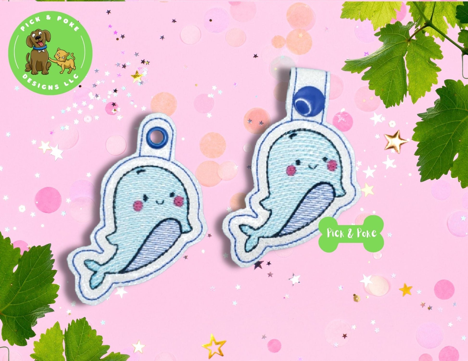In the Hoop Embroidery Project / Cute Whale Sea Animal Kawaii Snap Tab and Eyelet Key Fob / Gift Tag / Digital File / Instant DOWNLOAD / Set ActivePick and Poke Designs