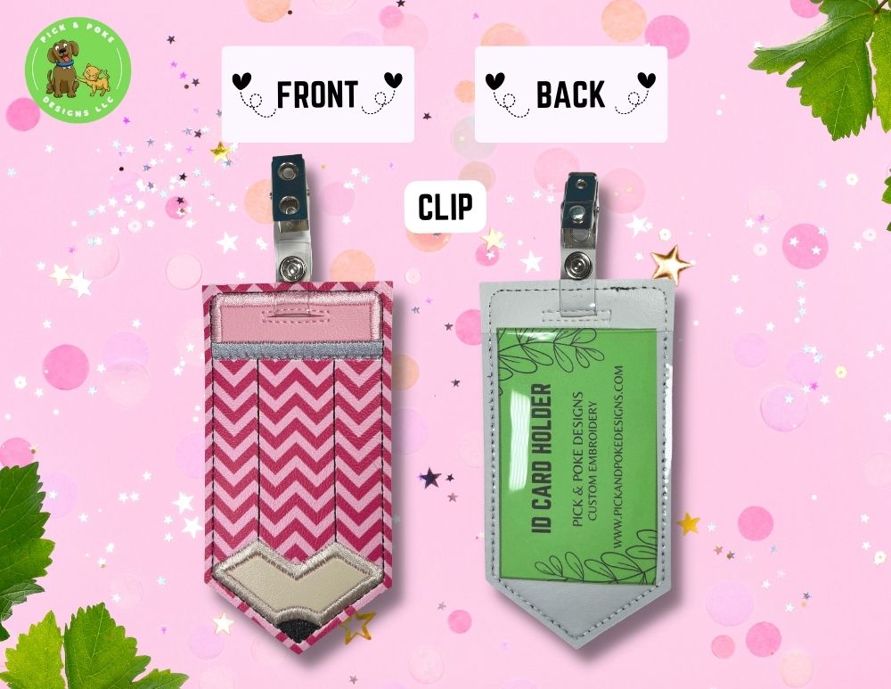 Limited Stock: Pink Chevron Stripes Pencil ID Card Badge Holder with Reel or Clip | Faux Leather Vinyl | Vertical Protector Case