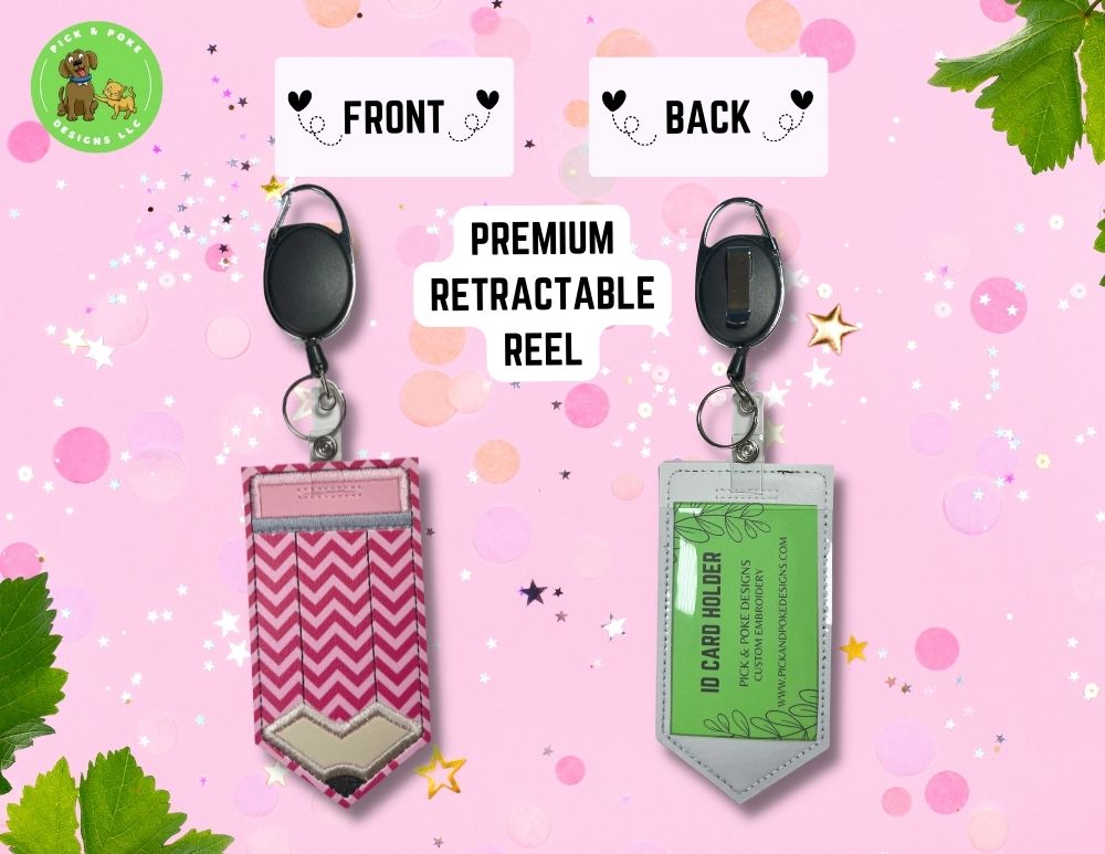 Limited Stock: Pink Chevron Stripes Pencil ID Card Badge Holder with Reel or Clip | Faux Leather Vinyl | Vertical Protector Case