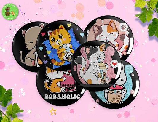 Cats Drinking Boba Tea | Button Pin, Key Chain, Magnet, Bottle Opener, or Mirror | 2.25-inch SizePick and Poke Designs