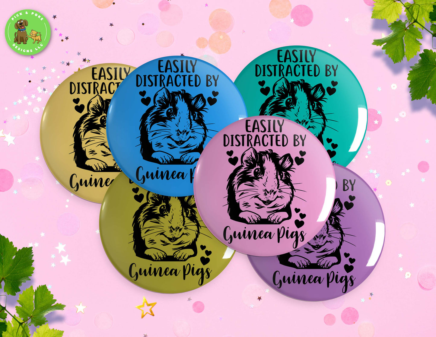 Easily Distracted By Guinea Pigs | Button Pin, Keychain, Magnet, Bottle Opener, or Mirror | 2.25-inch Size