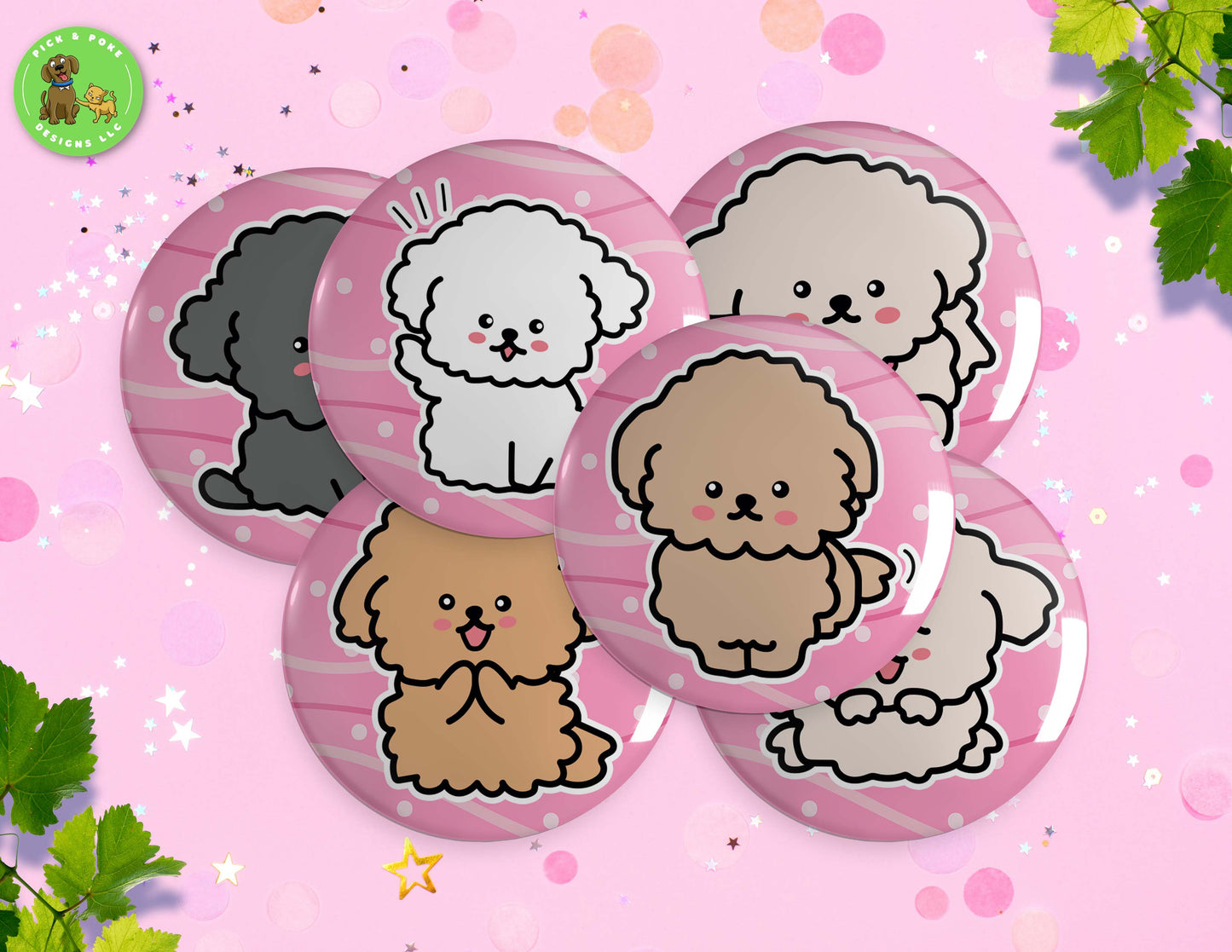 Cute Poodle Dog Doodle Art | Button Pin, Keychain, Magnet, Bottle Opener, or Mirror | 2.25-inch Size