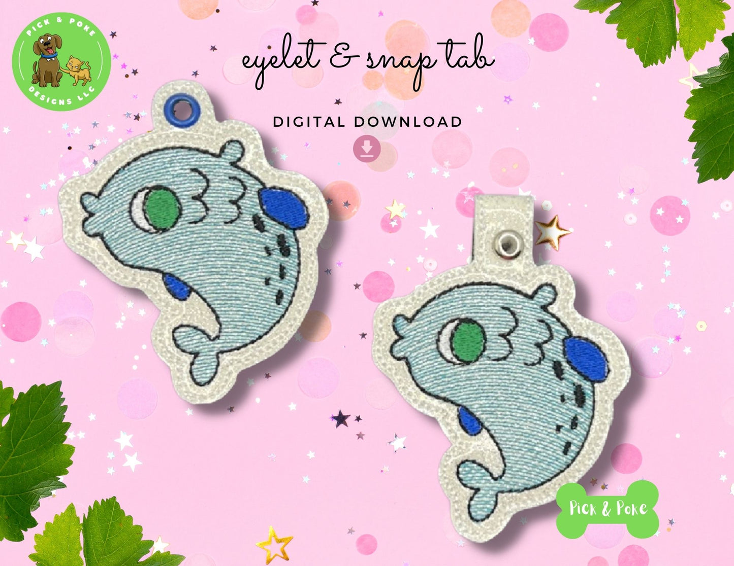 In the Hoop Embroidery Project Cute Fish Doodle Snap Tab and Eyelet Key Fob ITH Design (Digital Download)