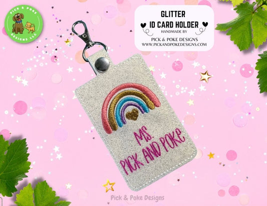 Personalized Glitter Boho Rainbow Card Badge Holder with Lobster Clasp |  Vinyl Faux Leather | Vertical Protector Case