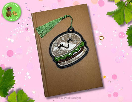 Hamburger Fast Food Bookmark with Tassel | Glitter Burger Design | Embroidered