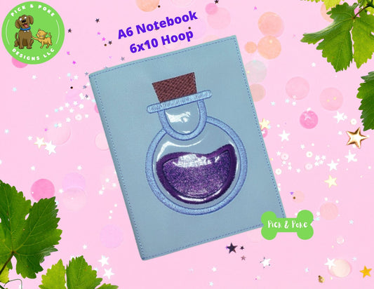 In the Hoop Embroidery Project 6x10 Hoop A6 Notebook Cover with Potion Bottle Applique