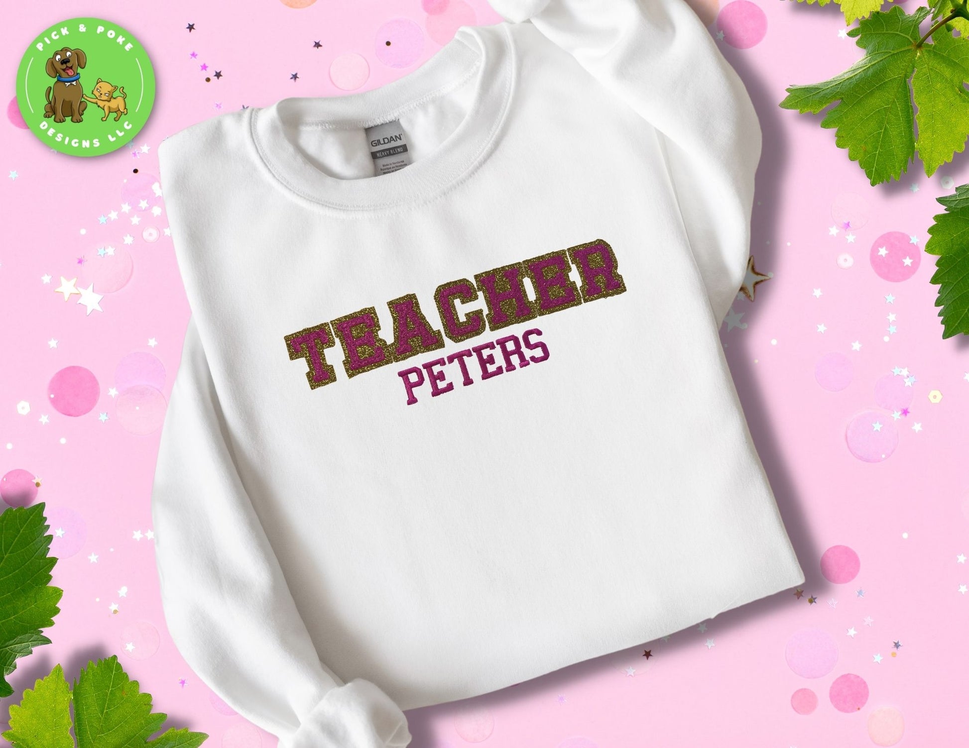 Gold glitter teacher crewneck personalized with your name under the design 