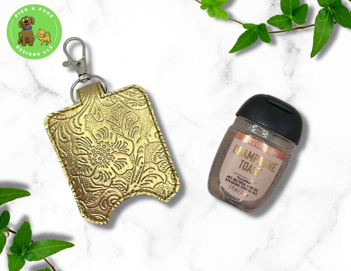 Metallic Faux Tooled Leather Hand Sanitizer Holder Key Chain | Embroidered on Vinyl | Made to Order