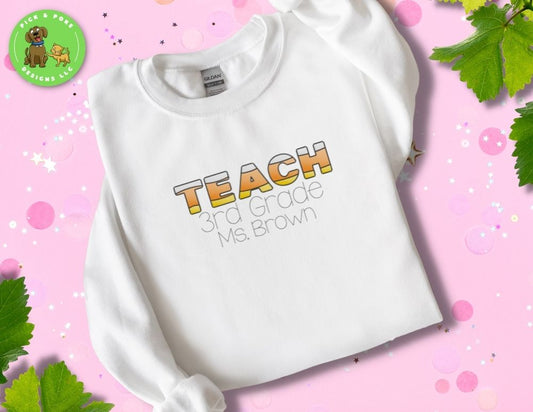 Embroidered Candy Corn Teach Sweatshirt Personalized with Your Name and Grade