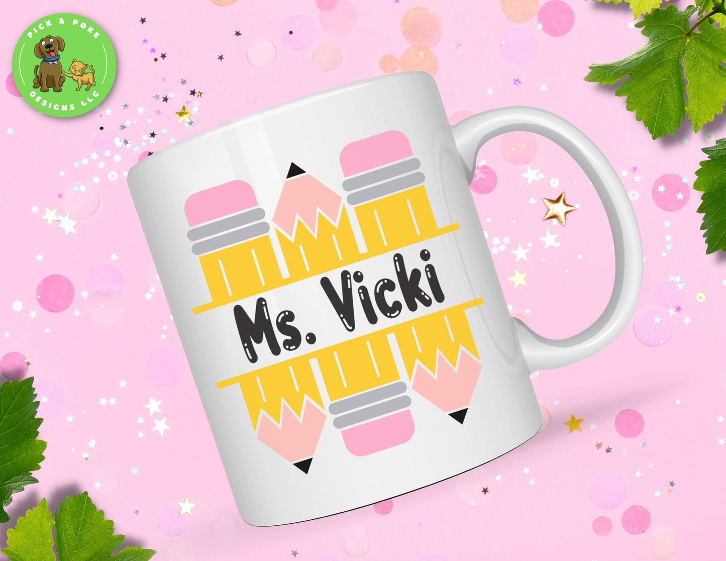 Personalized teacher mug with pencil split frame design.