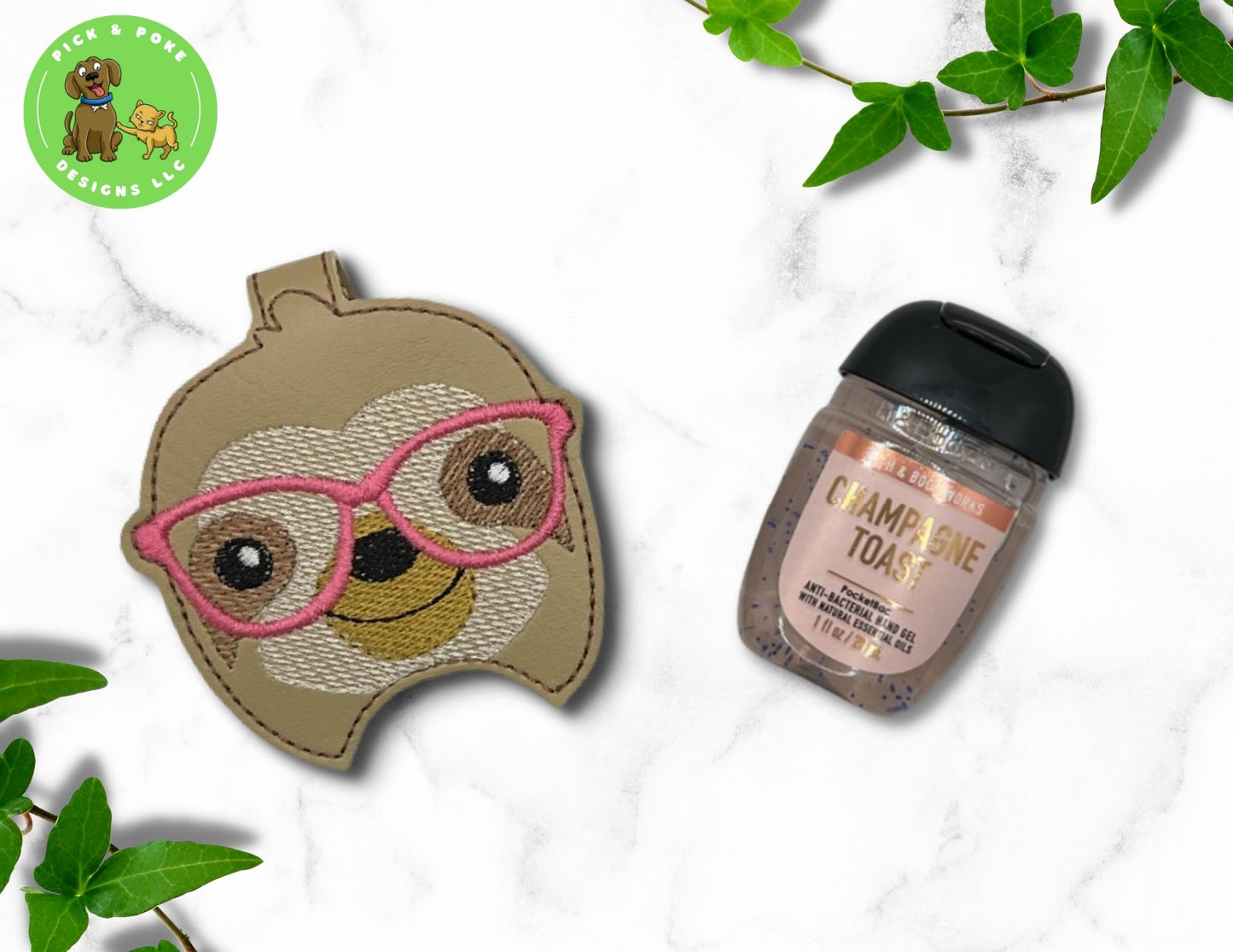 Cute Sloth Wearing Glasses Hand Sanitizer Holder Key Chain | Embroidered on Vinyl | Made to Order