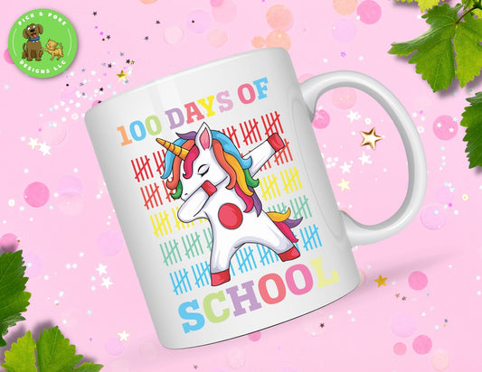 10oz School Teacher Ceramic Mug with 100 Days of School Unicorn design.