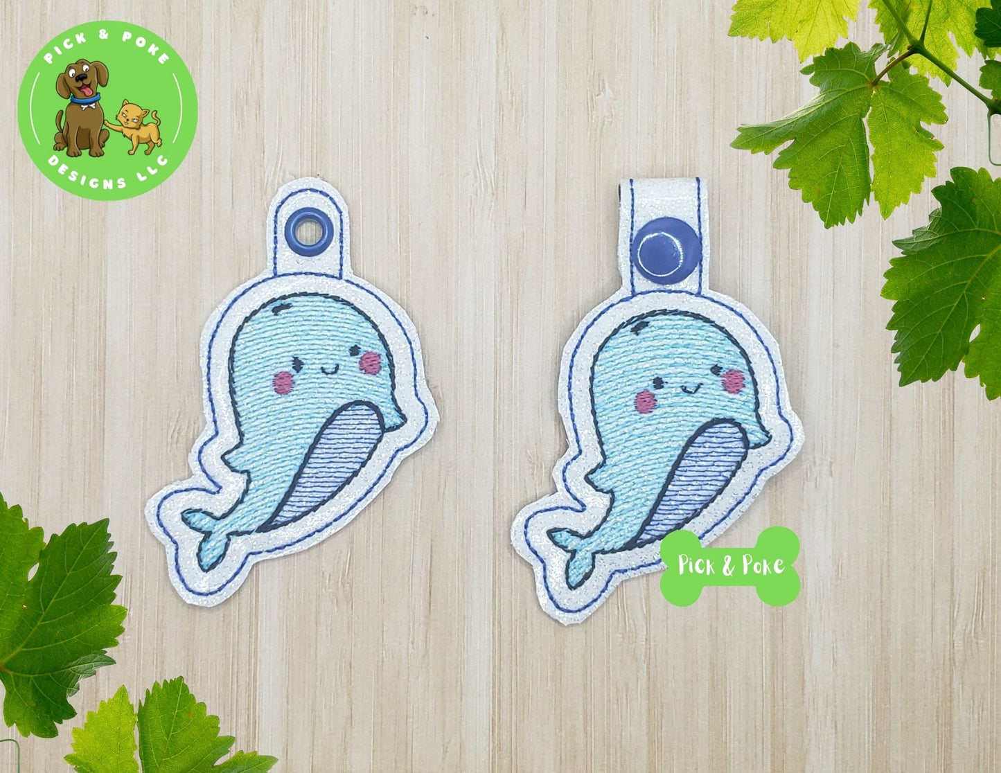 In the Hoop Embroidery Project / Cute Whale Sea Animal Kawaii Snap Tab and Eyelet Key Fob / Gift Tag / Digital File / Instant DOWNLOAD / Set ActivePick and Poke Designs