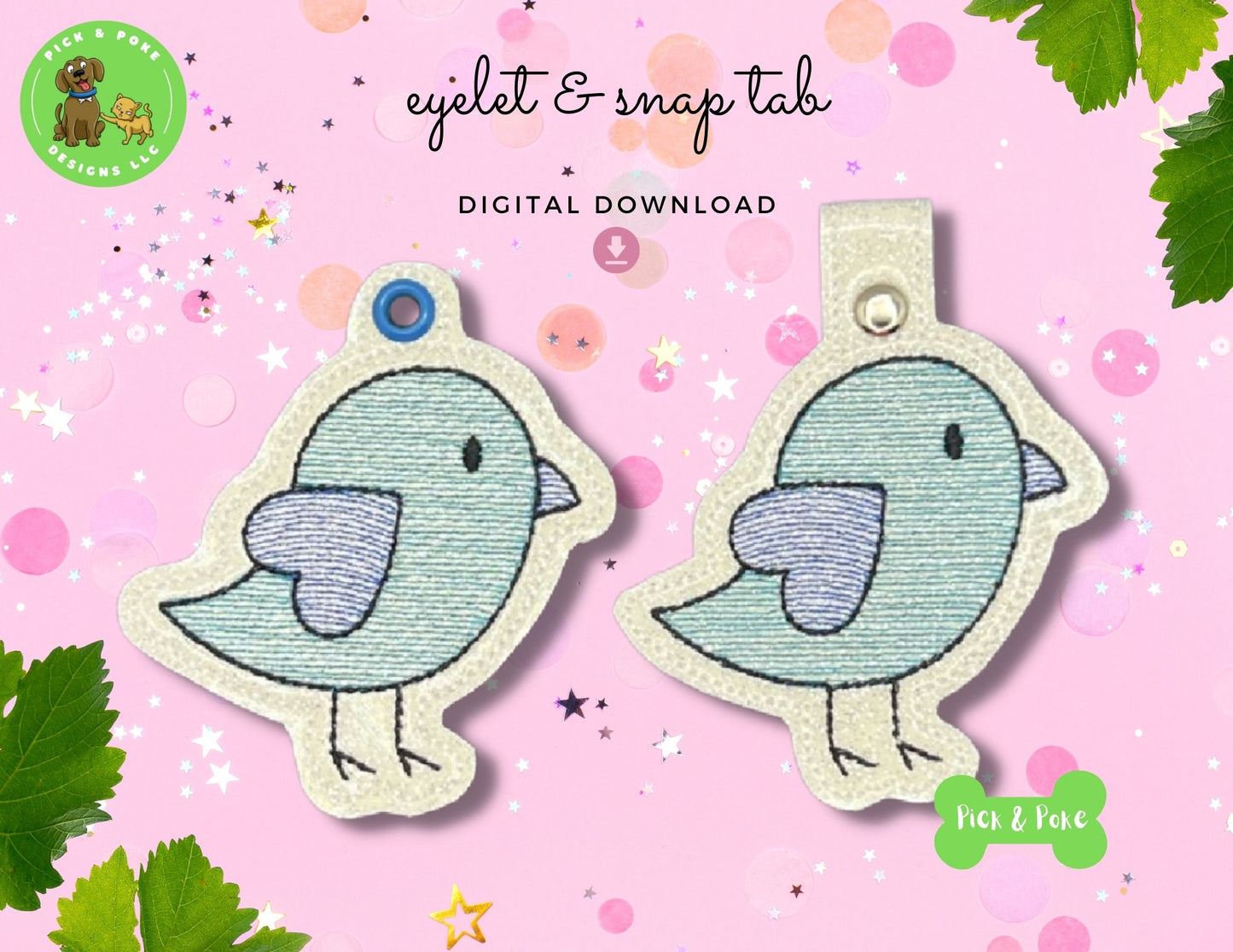 In the Hoop Embroidery Project Cute Heart Bird  Snap Tab and Eyelet Key Fob Design (Digital Download)