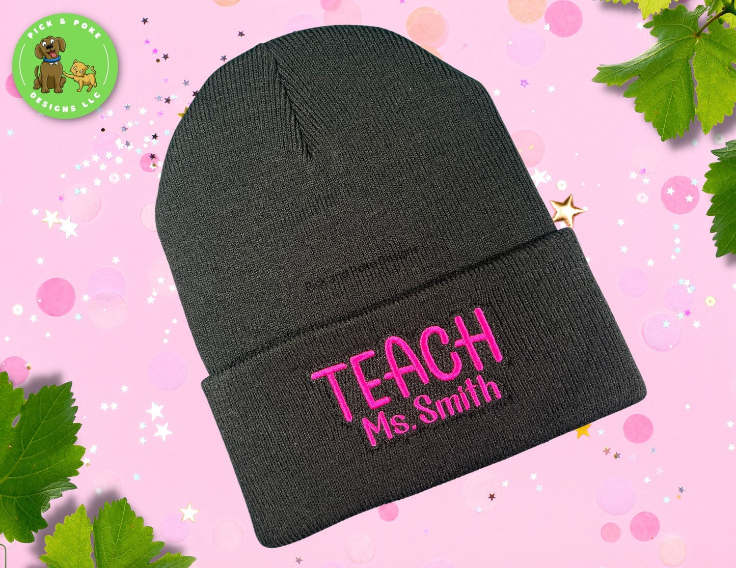 Personalized Teacher Beanie Cap | Black Knit Hat with Embroidered Name