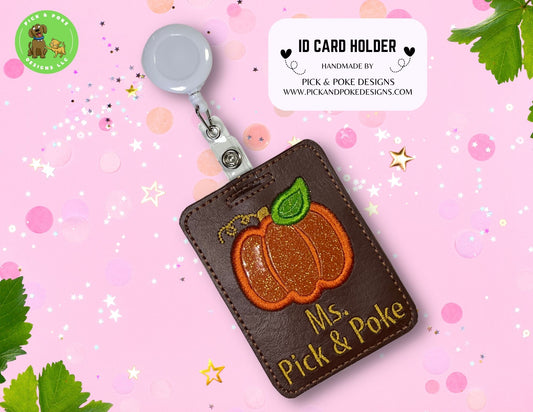 Personalized Pumpkin ID Card Badge Holder with Reel or Clip | Brown Vinyl