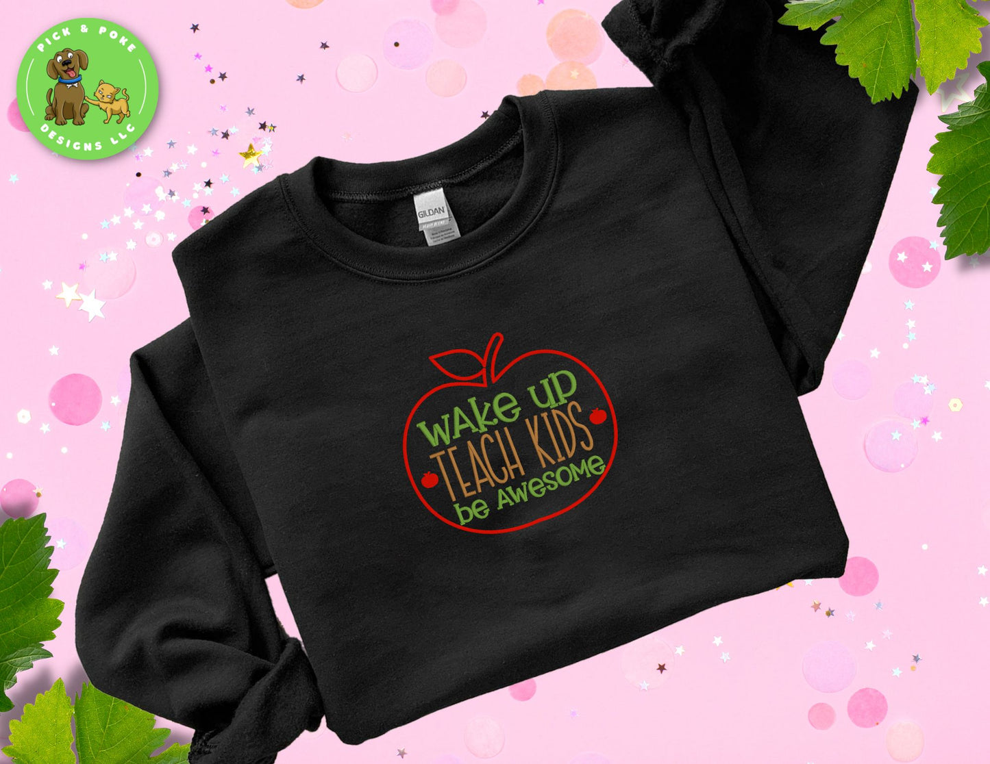Black teacher crewneck sweatshirt embroidered with the words "Wake Up, Teach Kids, Be Awesome" in a apple frame..