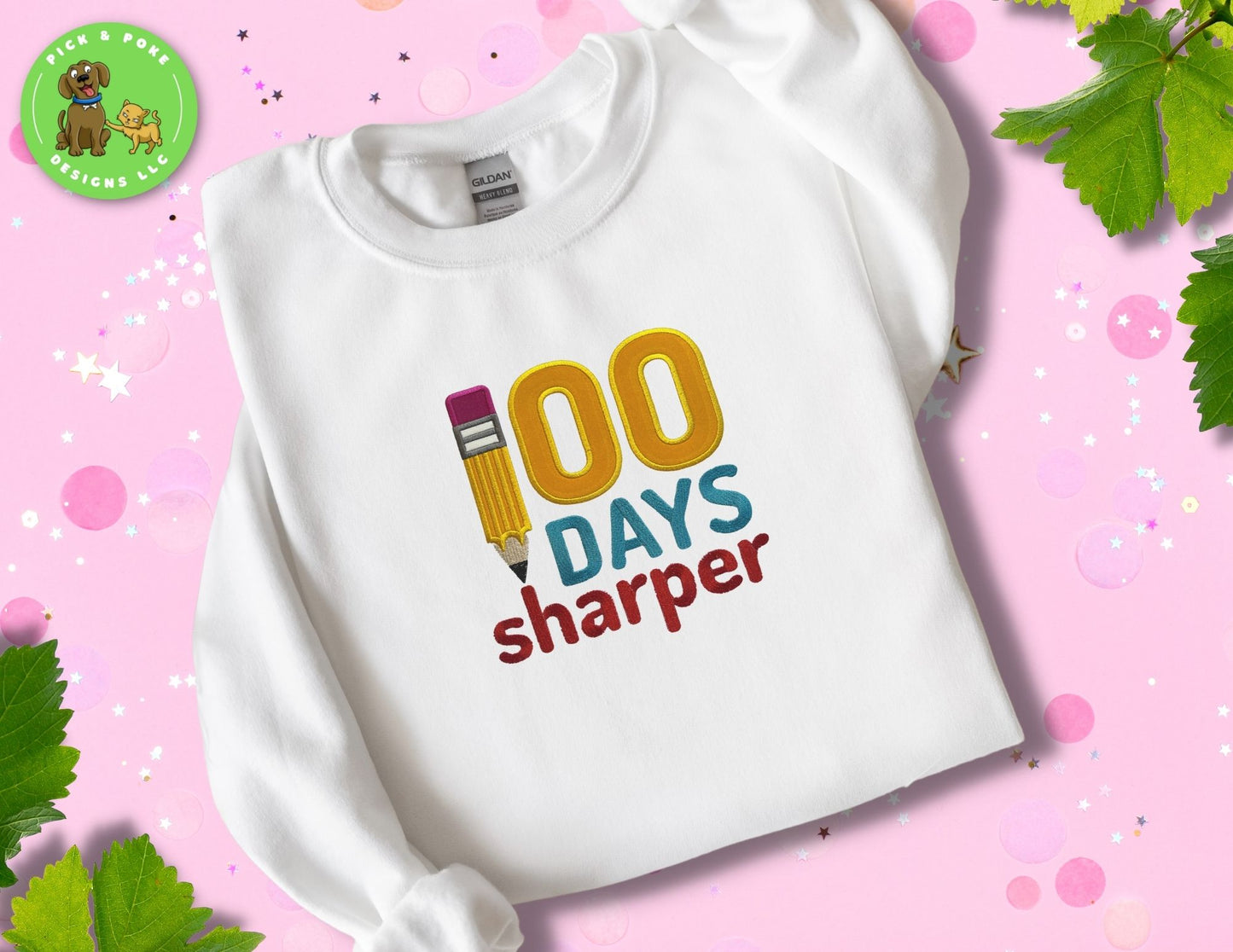 White crewneck sweatshirt embroidered with the phrase 100 Days sharper