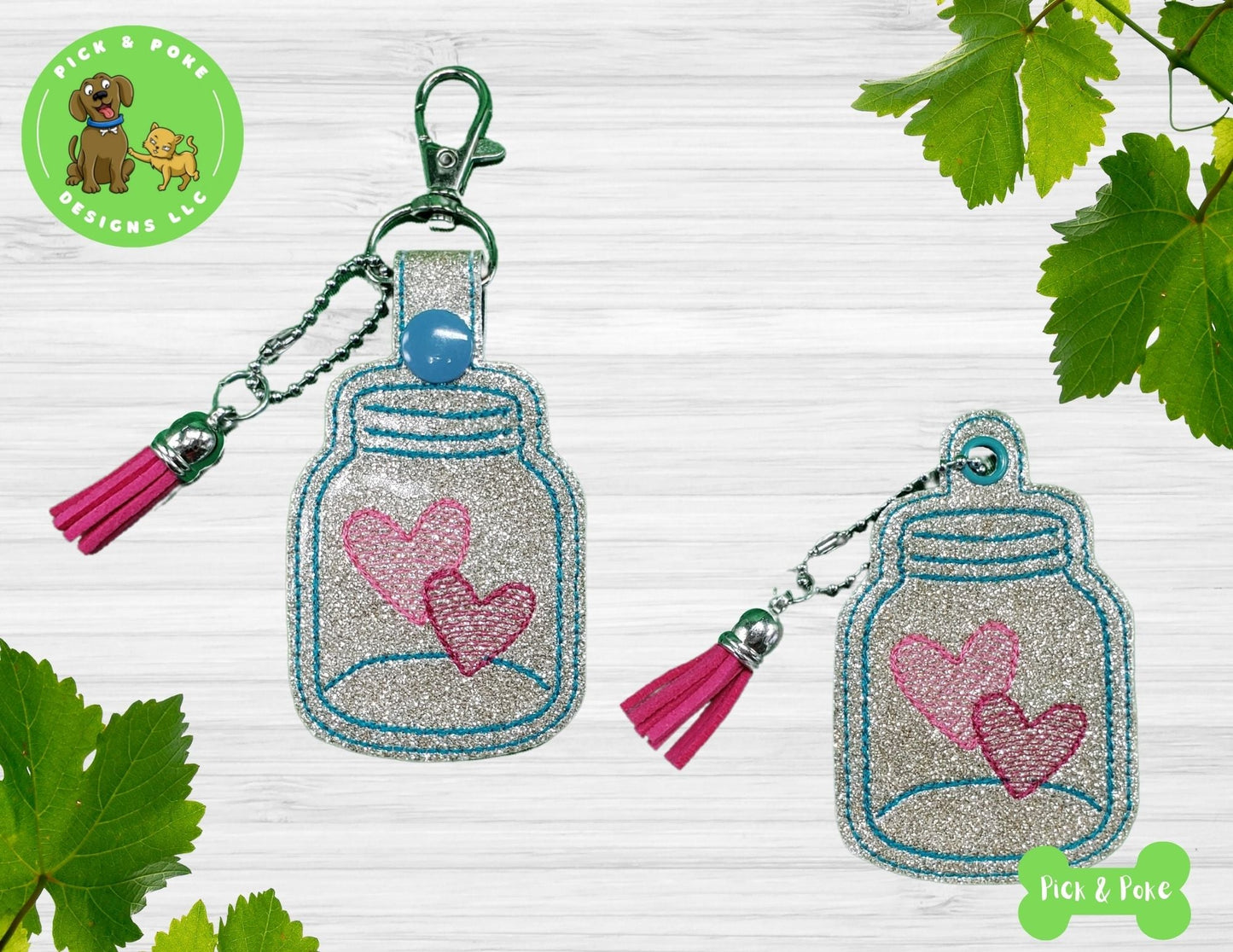 ITH Embroidery Design Mason Jar of Hearts Snap Tab and Eyelet Key Fob SetPick and Poke Designs