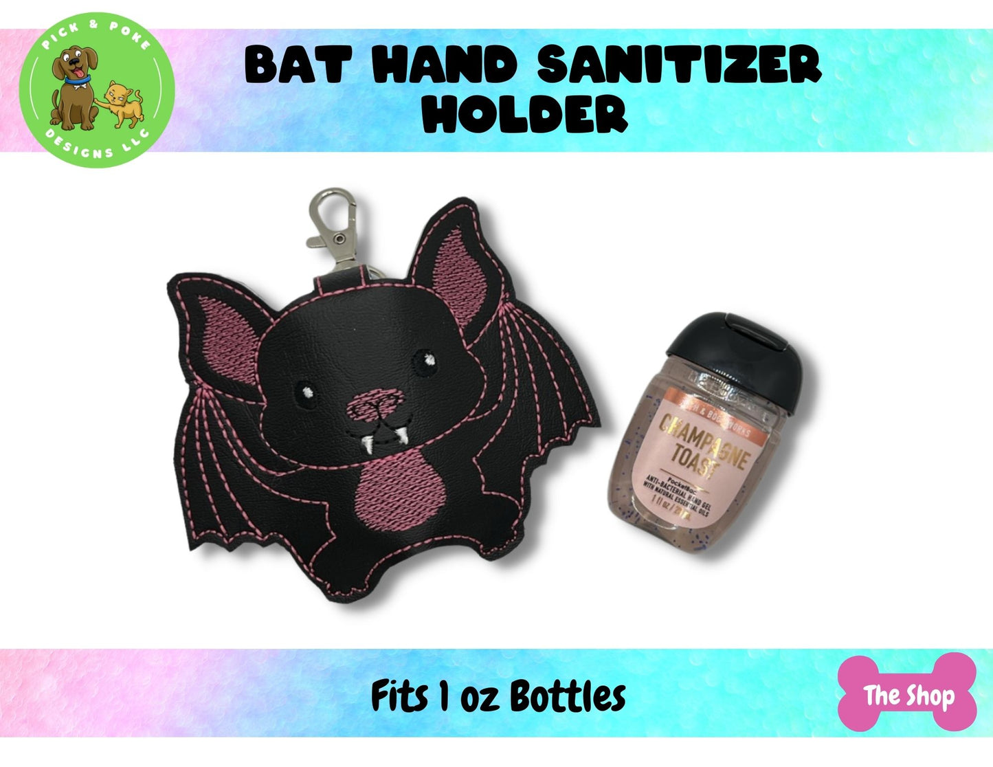 Cute Kawaii Bat Hand Sanitizer Holder Key Chain | Embroidered on Vinyl | Made to Order