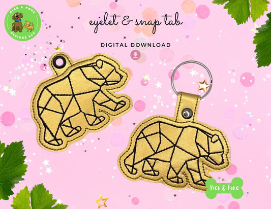 In the Hoop Embroidery Project Geometric Bear Snap Tab and Eyelet Key Fob ITH Design (Digital Download)
