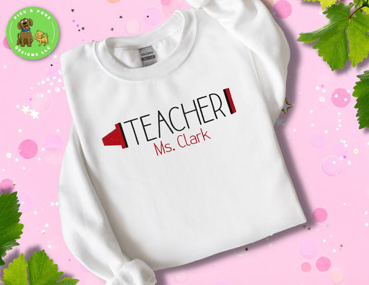 Embroidered Crayon Teacher White Crewneck Sweatshirt Personalized with Your Name or School Name