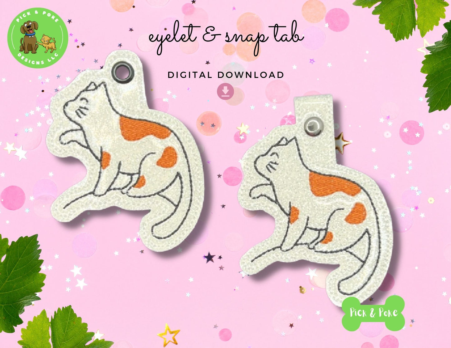In the Hoop Embroidery Project Cute Cat Doodle Snap Tab and Eyelet Key Fob ITH Design (Digital Download)