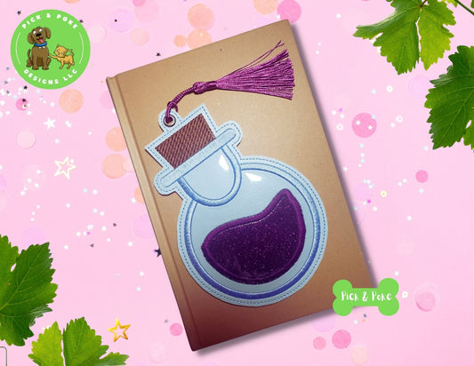 In the Hoop Embroidery Project 5x7 Applique Potion Bottle Bookmark / Eyelet Key Fob / Gift Tag / Ornament / Digital File / Instant DOWNLOAD / ITHPick and Poke Designs