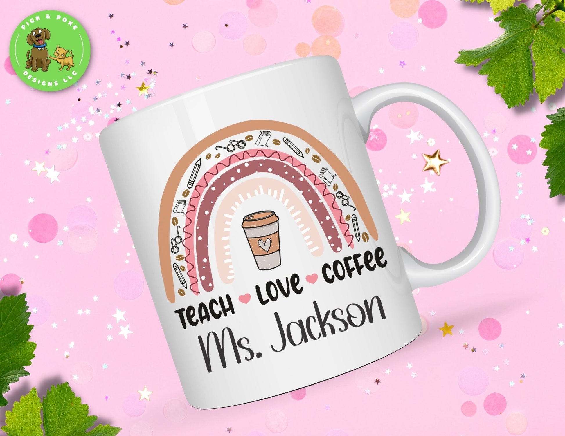 Teach Love Coffee mug features a rainbow design with school supplies and coffee cup. personalized with a name under the rainbow design.