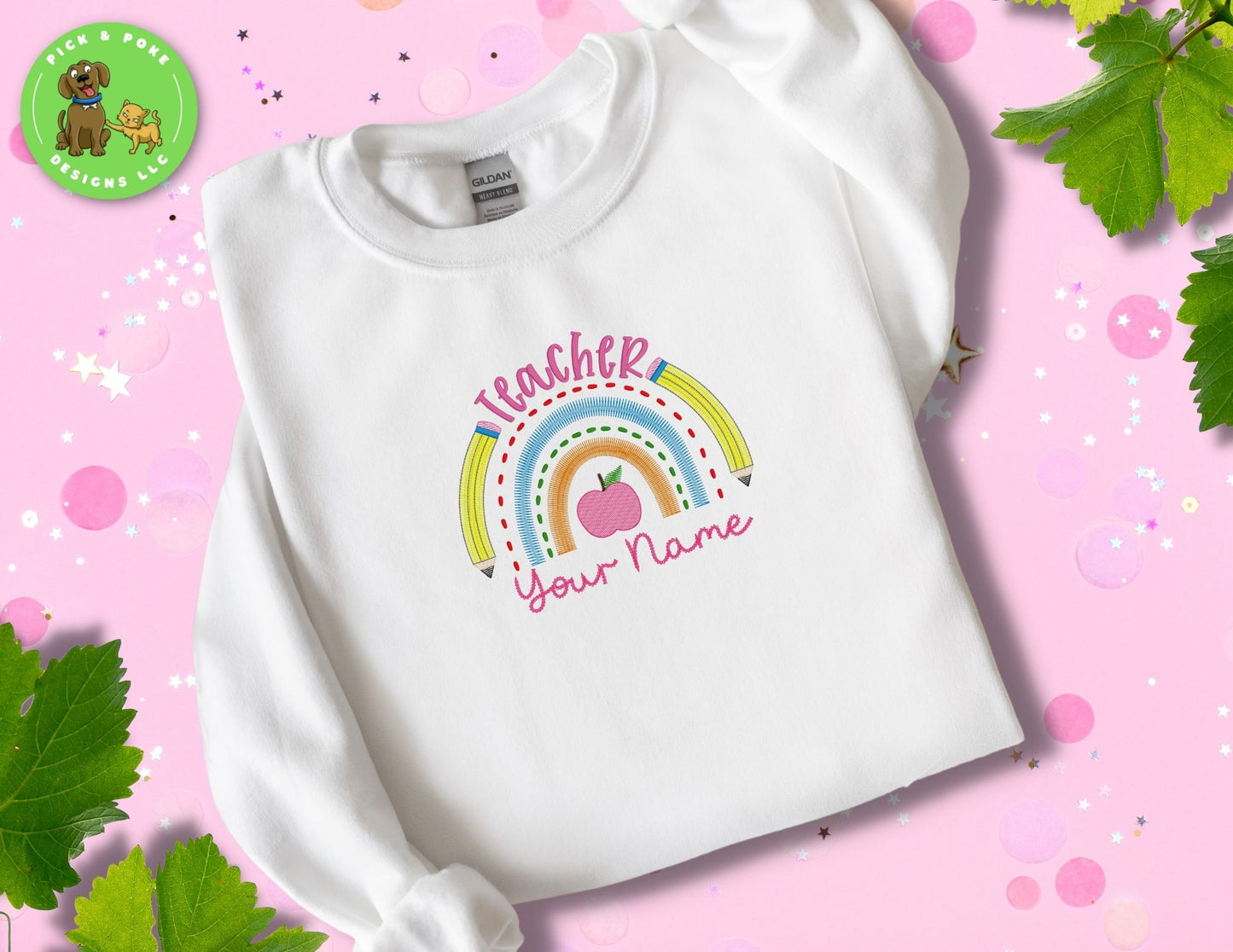 Embroidered Rainbow Teacher Crewneck Sweatshirt Personalized with Your Name or School Name