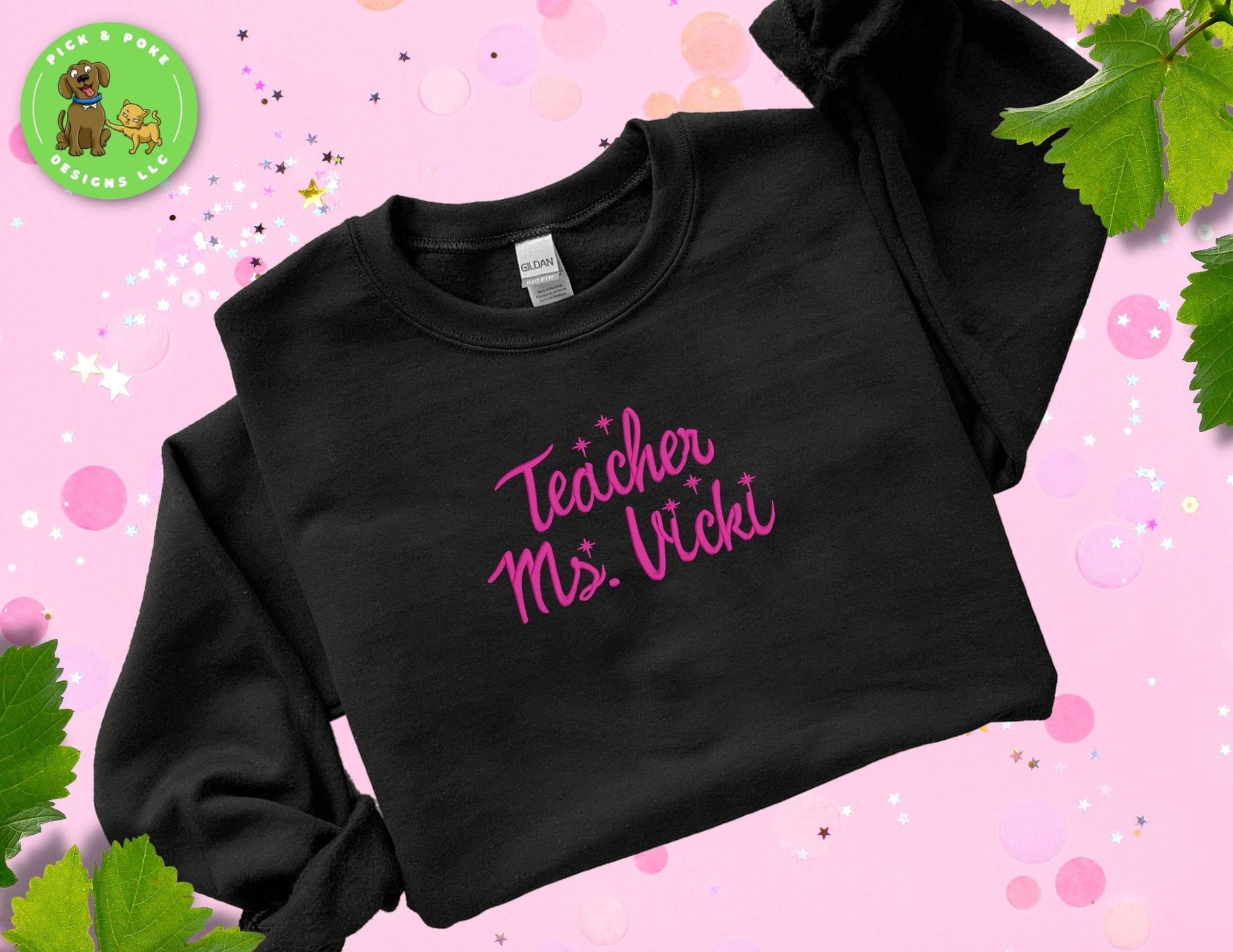 Embroidered Teacher Sparkle Sweatshirt Personalized with Your Name in a thread color of your choice.