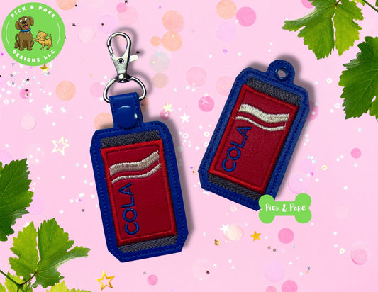 In the Hoop Embroidery Project Cola Soda Can Applique Snap Tab and Eyelet Key Fob Design