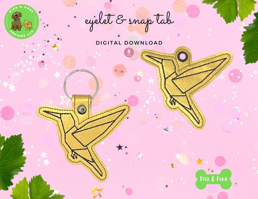 In the Hoop Embroidery Project Geometric Hummingbird  Snap Tab and Eyelet Key Fob ITH Design (Digital Download)