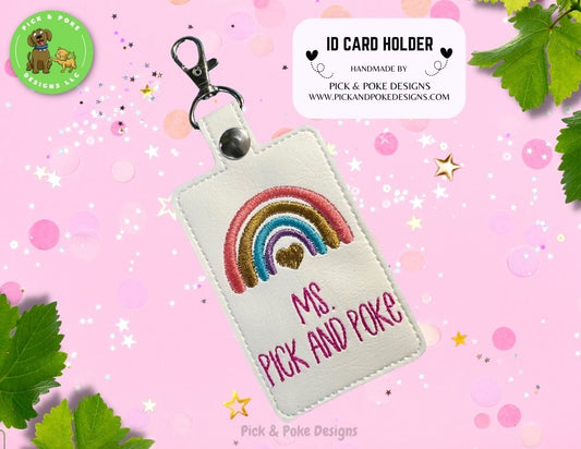 Personalized Solid Boho Rainbow Card Badge Holder with Lobster Clasp | Vinyl Faux Leather | Vertical Protector Case