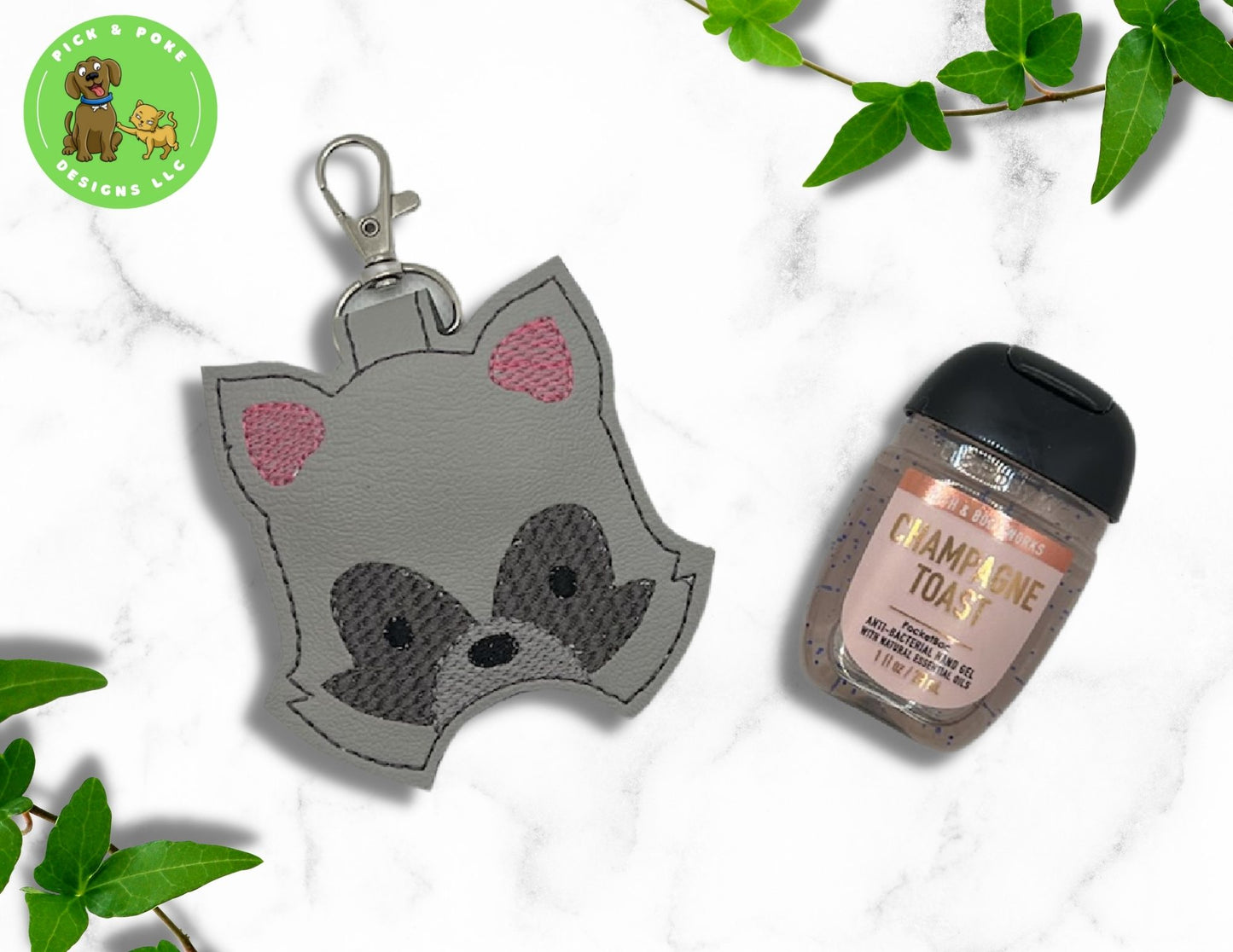 Raccoon Trash Panda Sanitizer Holder Key Chain | Embroidered on Vinyl | Made to Order