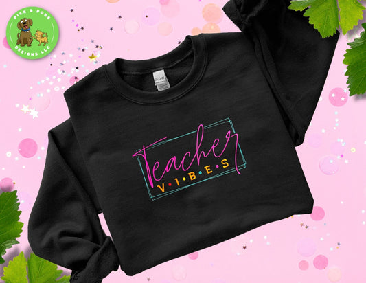 Embroidered Teacher Vibes Sweatshirt | Black Crewneck