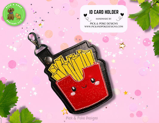 French Fries ID Card Badge Holder with Lobster Clasp |  Vinyl Faux Leather | Vertical Protector Case