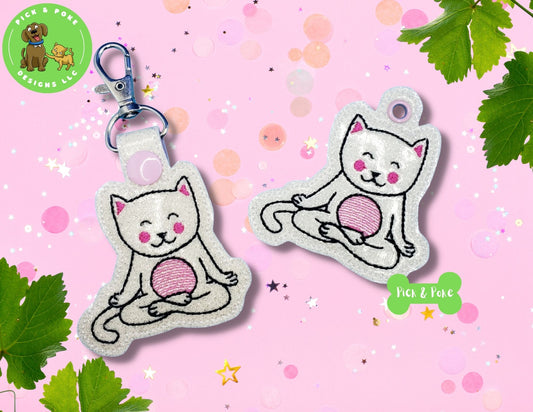 In the Hoop Embroidery Project Yoga Cat Snap Tab and Eyelet Key Fob