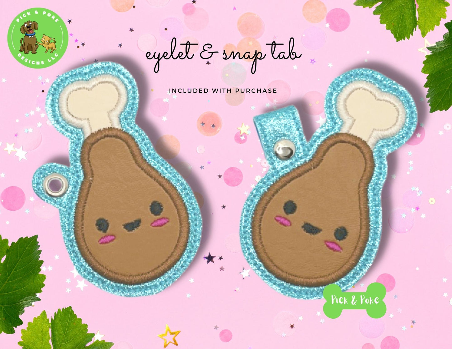 In the Hoop Embroidery Project Cute Applique Drumstick Snap Tab and Eyelet Key Fob Design ITH (Digital Download)