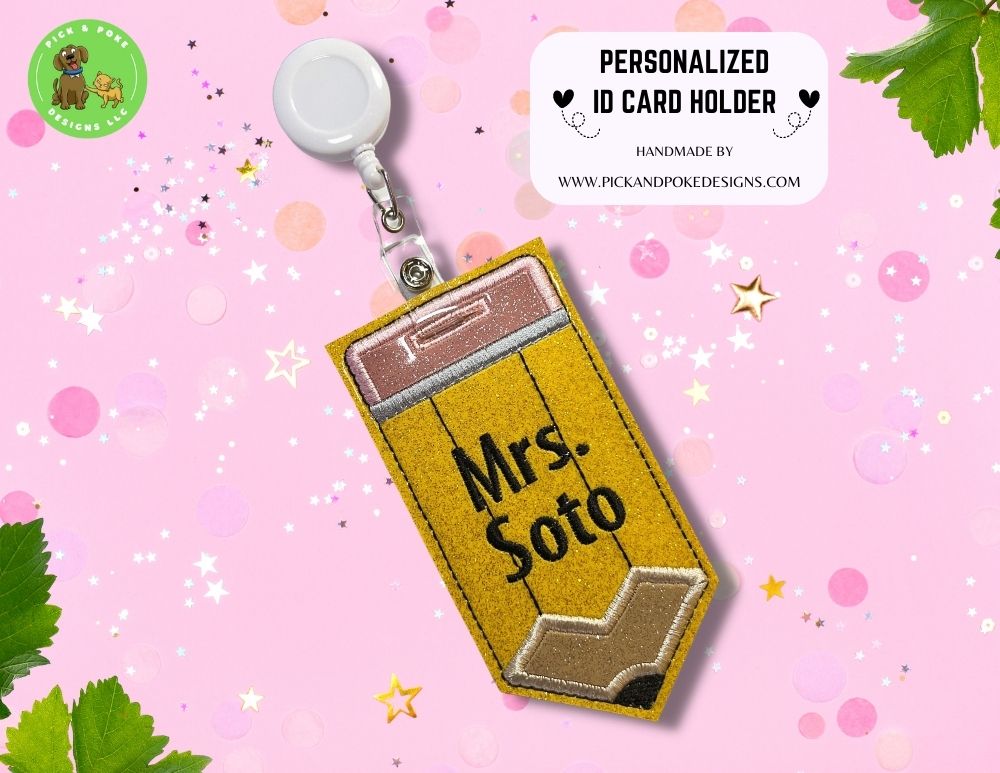 Personalized Pencil ID Card Badge Holder with Reel or Clip | Glitter or Solid Vinyl | Vertical Protector Case (Custom Made)