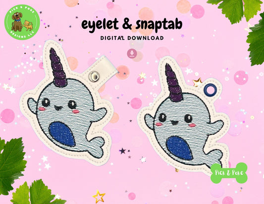 In the Hoop Embroidery Project Kawaii Narwhal Unicorn Snap Tab and Eyelet Key Fob Design (Digital Download)