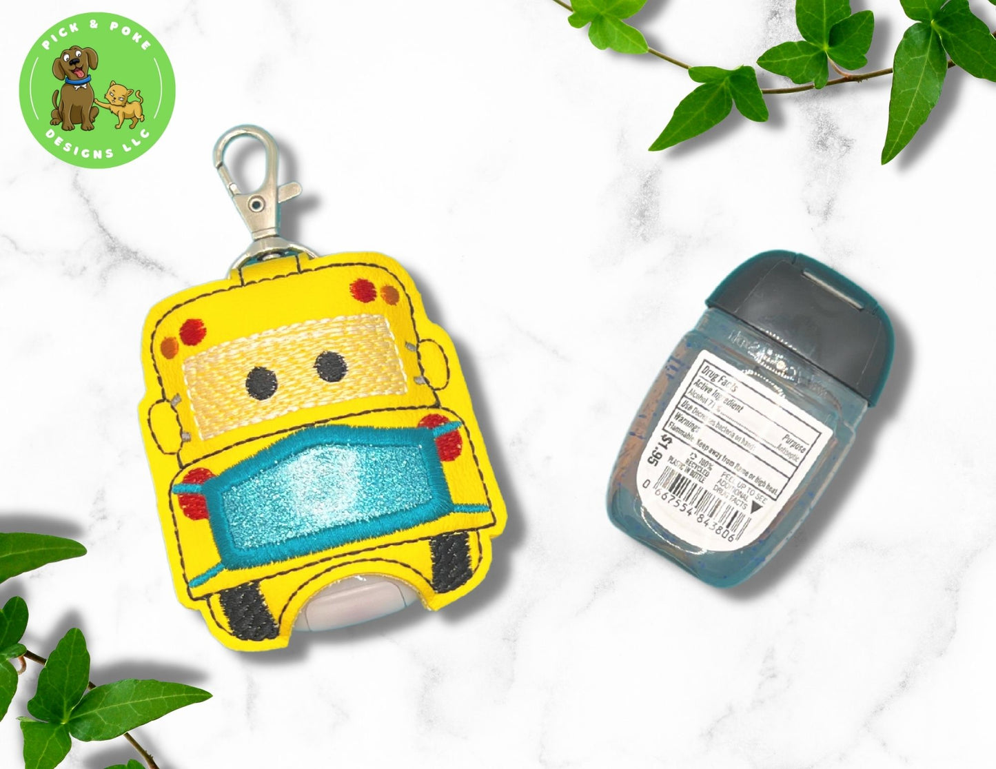 School Bus Wearing Mask Sanitizer Holder Key Chain | Embroidered on Vinyl | Made to Order