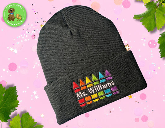 Personalized Crayon Teacher Beanie Cap | Black Knit Hat with Embroidered Name