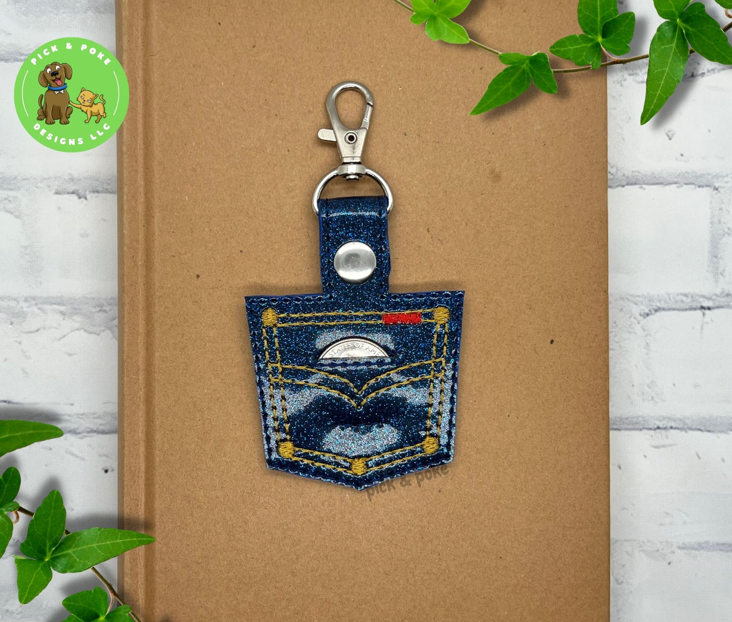 Jeans Pocket Quarter Holder Keychain with Clip / Embroidered on Glitter Vinyl / Custom Made