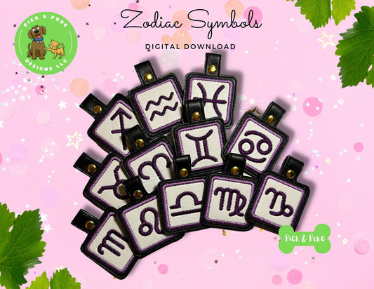 In the Hoop Embroidery Project 12 Zodiac Birthday Symbol Snap Tab Fob Set (Digital Download)