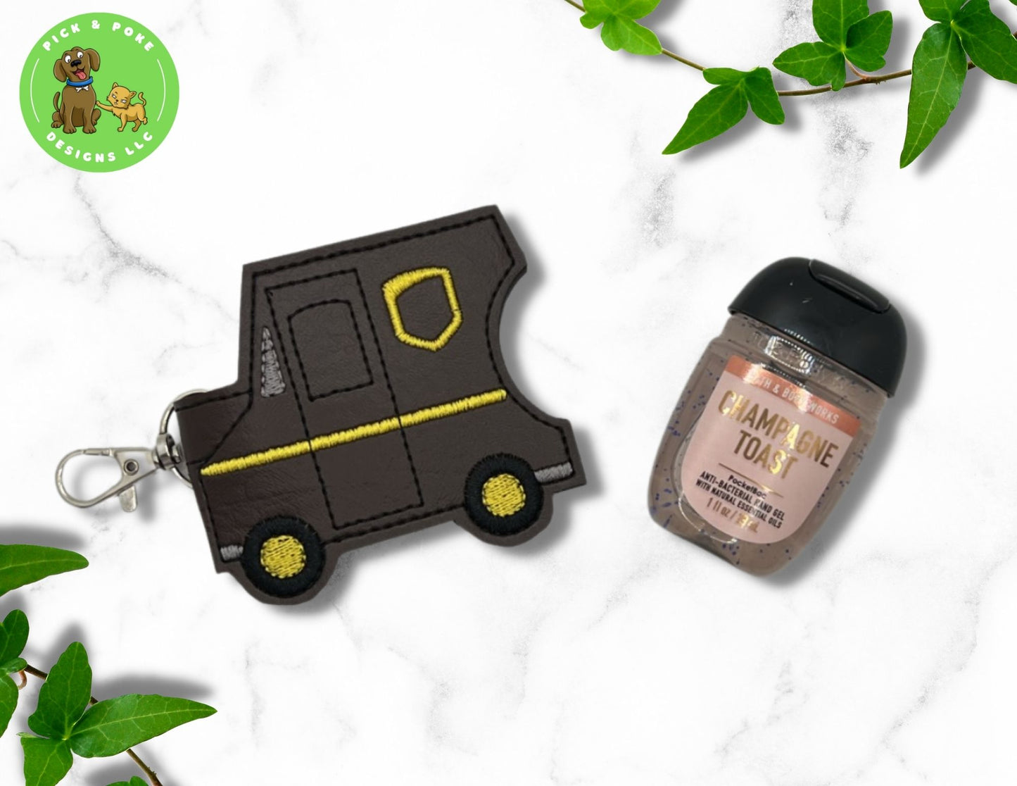 Brown Truck Hand Sanitizer Holder Key Chain | Embroidered on Vinyl | Made to Order