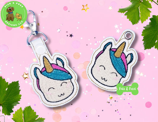 In the Hoop Embroidery Project Kawaii Unicorn Snap Tab and Eyelet Key Fob Set