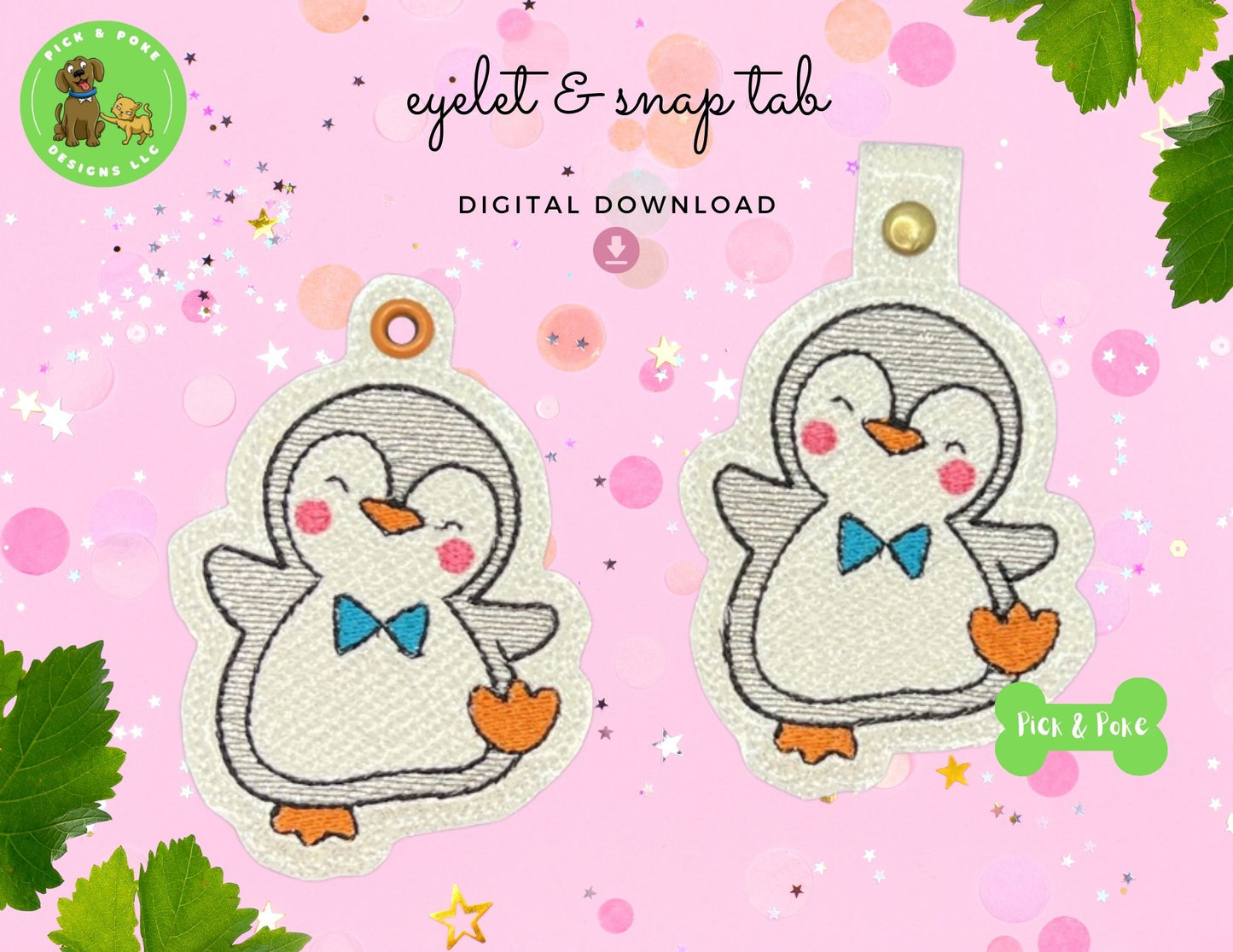 In the Hoop Embroidery Project Cute Penguin Wearing a Bow Snap Tab and Eyelet Key Fob ITH Design (Digital Download)