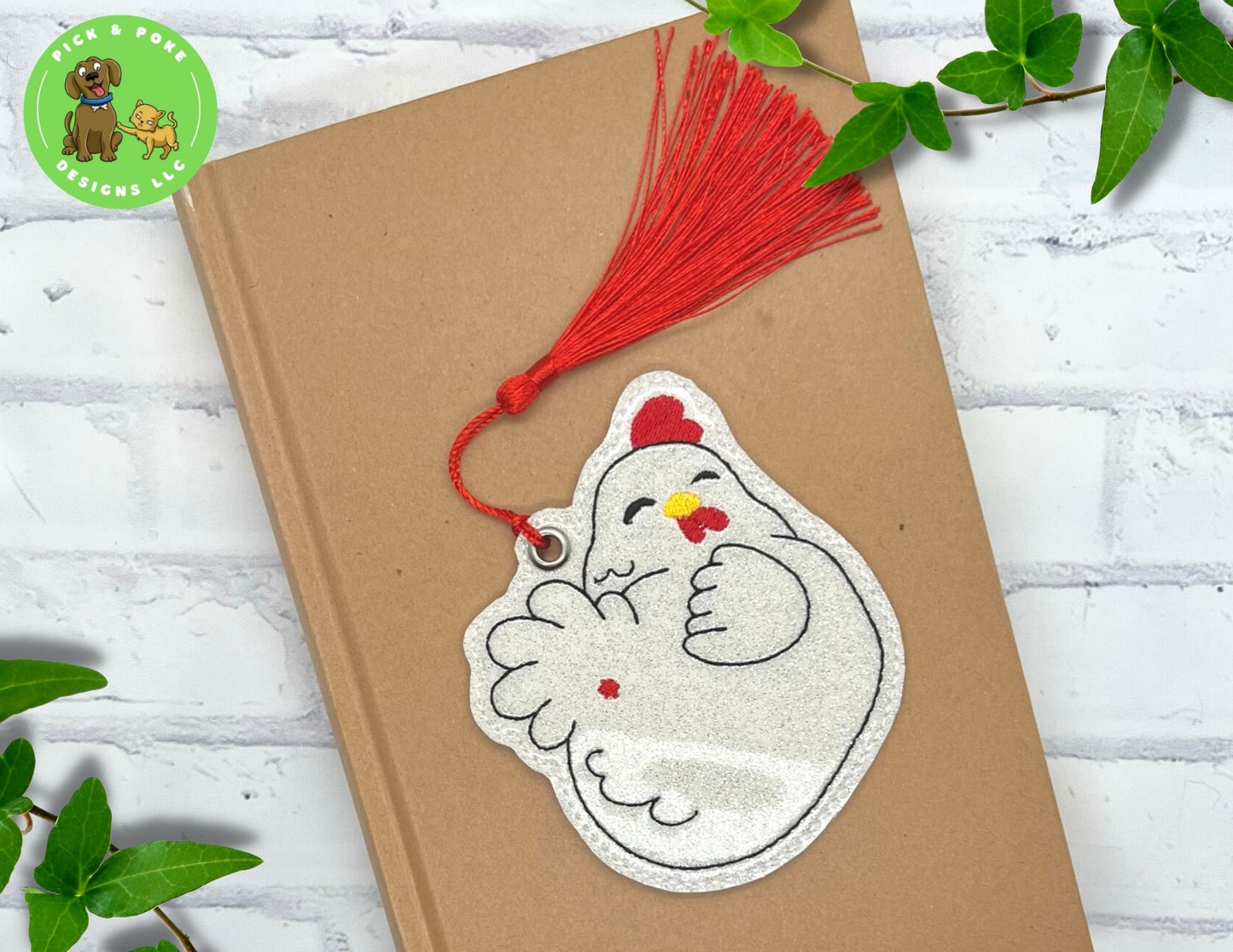 Funny Chicken Bookmark with Tassel | Glitter Hen Design | Embroidered | Made to Order