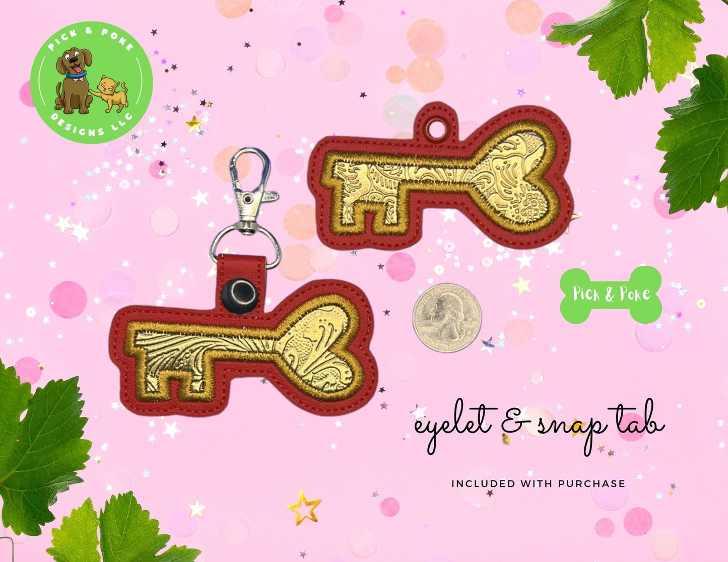 In the Hoop Embroidery Project Heart Shaped Key Snap Tab and Eyelet Set